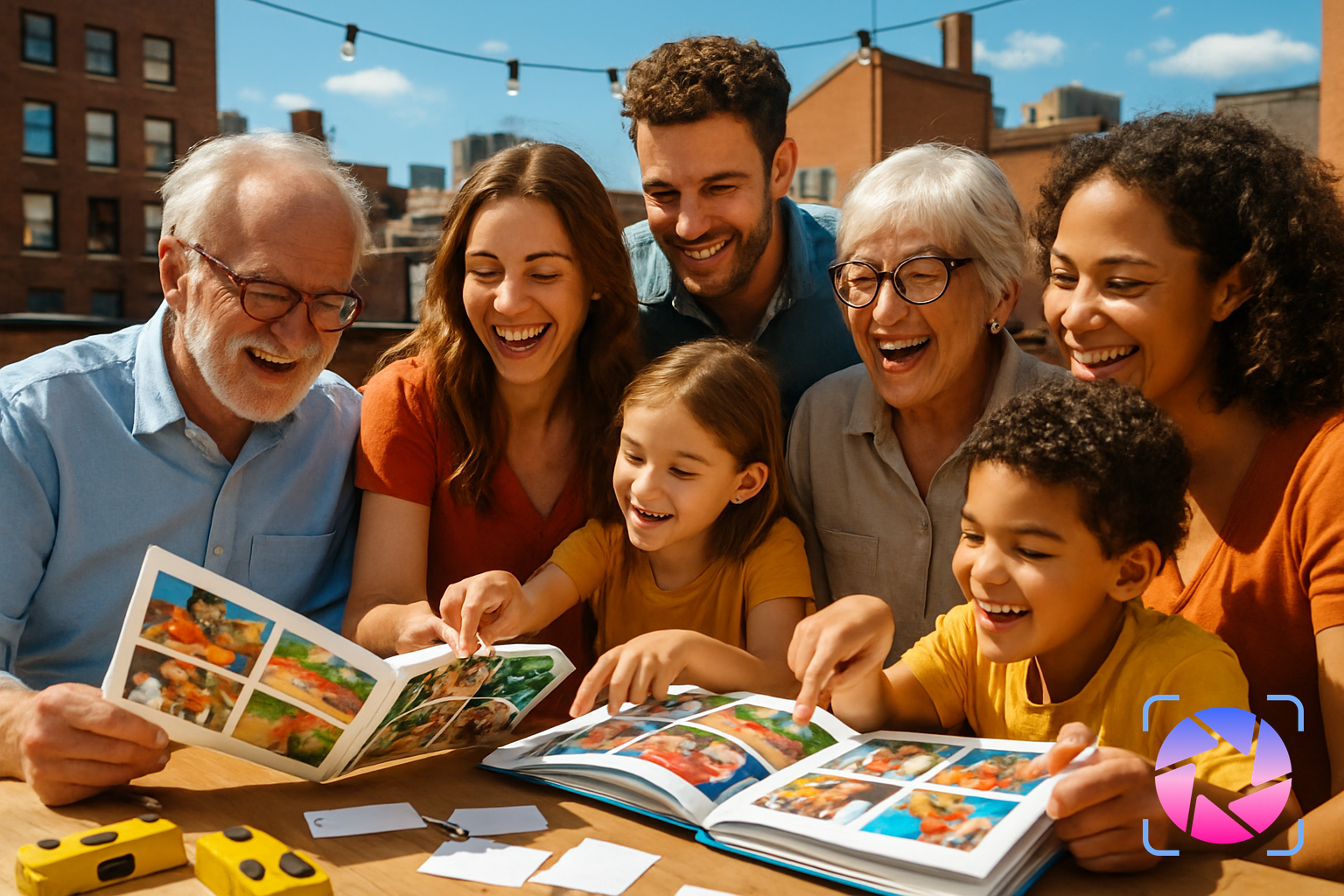 Multi-generational family gathered outdoors, laughing and looking at printed photo books together on a picnic table