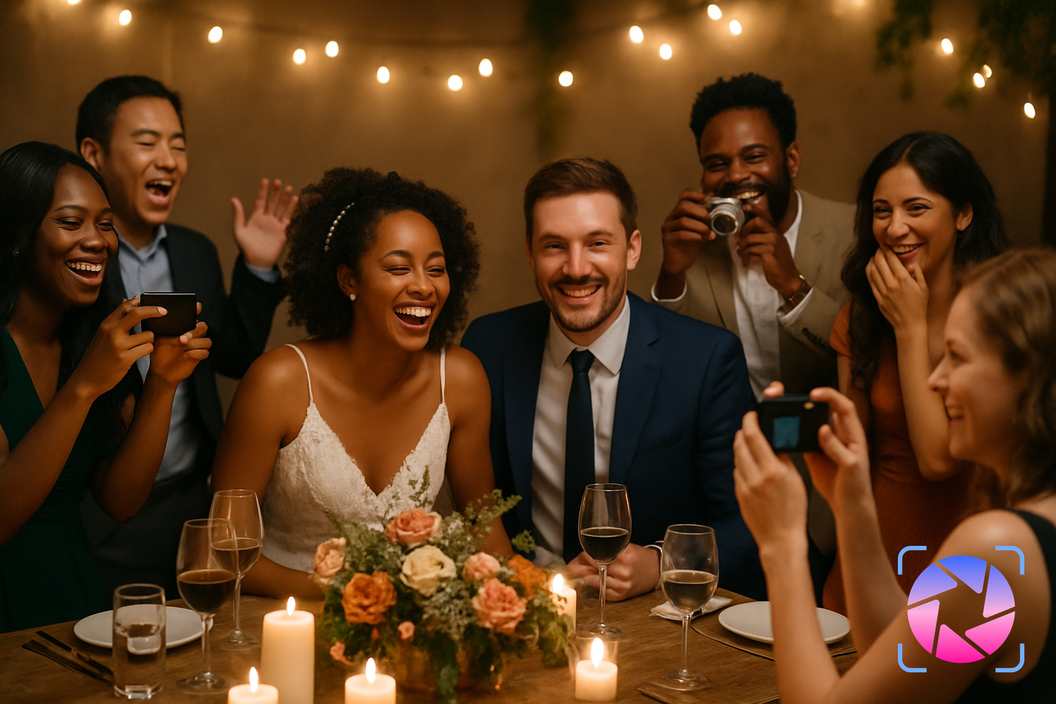 Wedding guests laughing and taking candid photos at a reception table covered with simple decor and a small camera