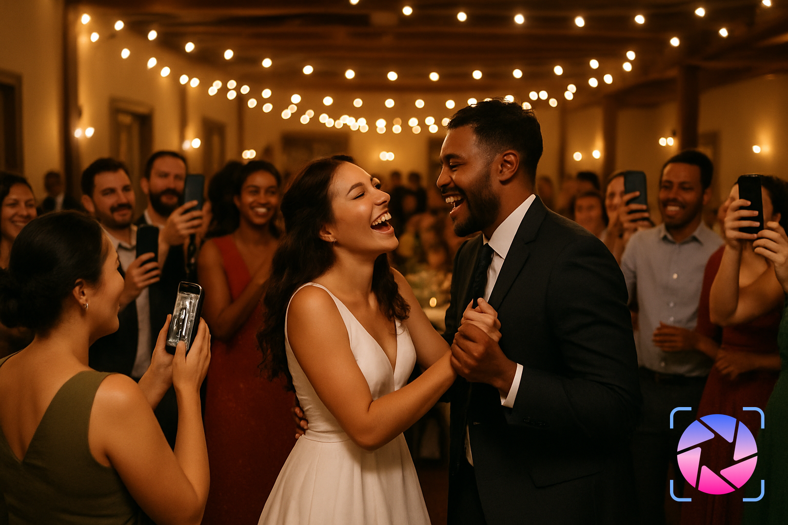 Wedding guests gathered around a dance floor, holding up phones to capture candid photos of the newlyweds celebrating.