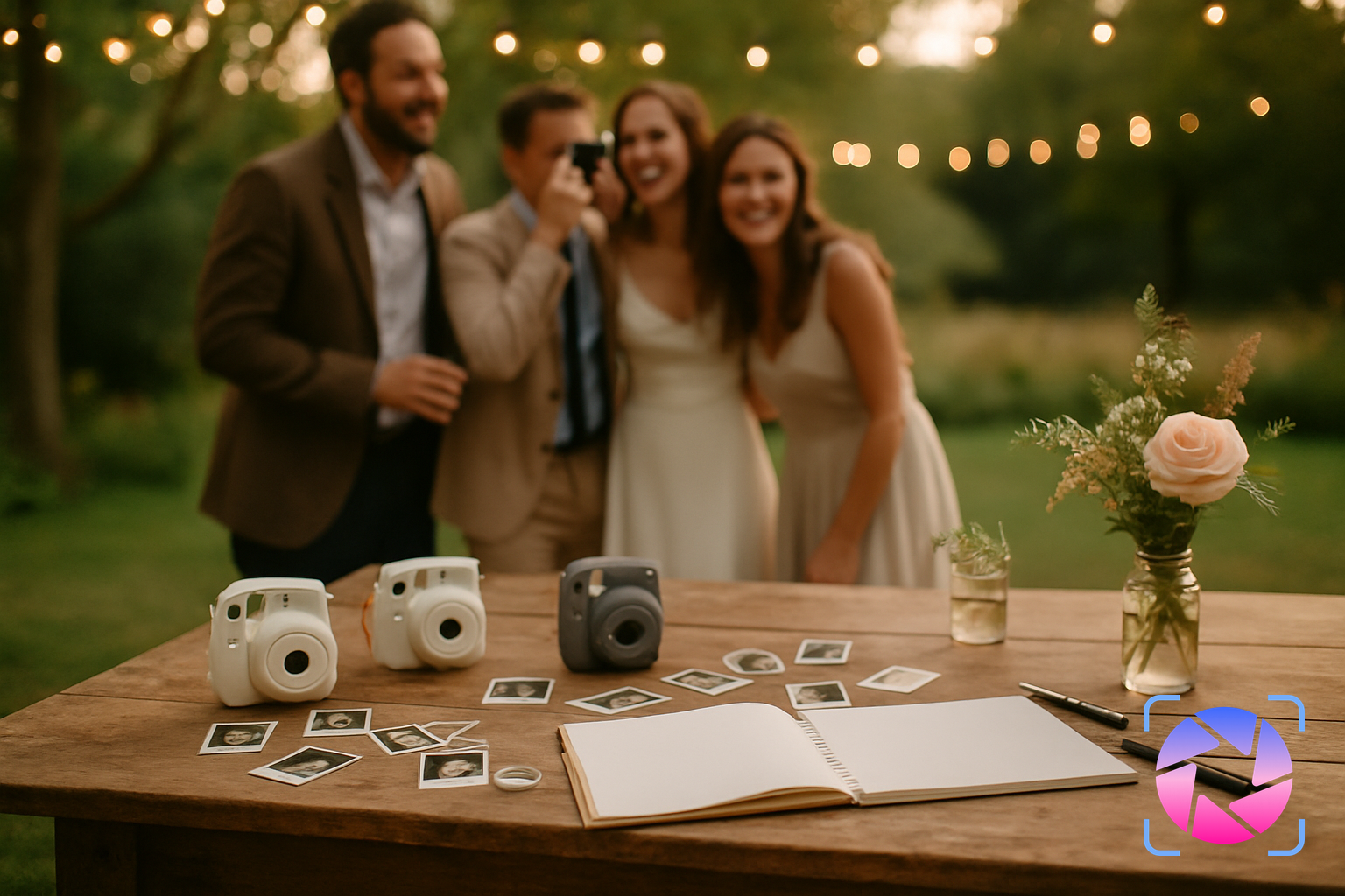 Wedding guests gathered around a table using instant cameras to add photos to a guest book