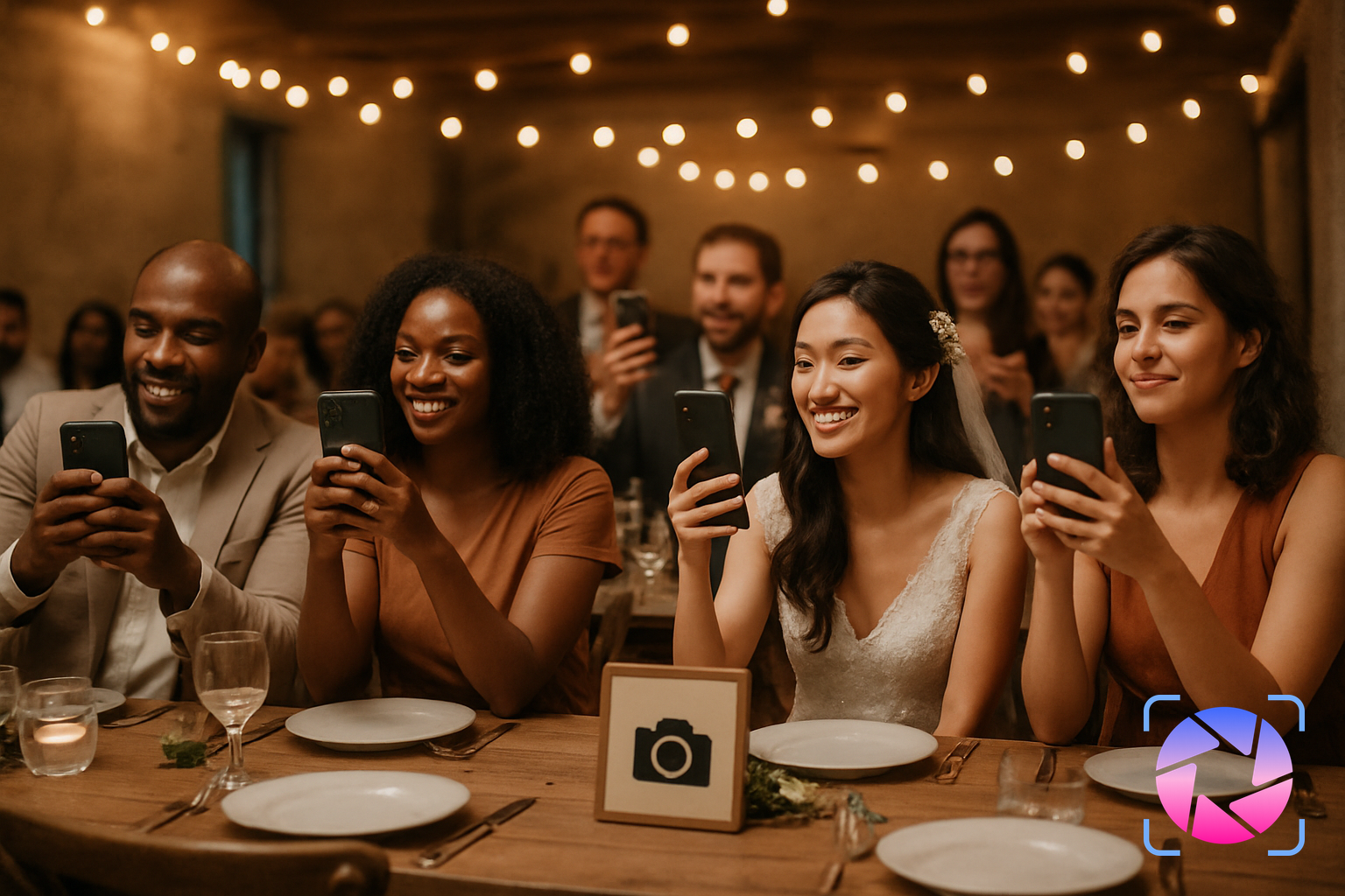 Wedding guests laughing and taking candid photos at a reception table covered in simple decor and soft string lights