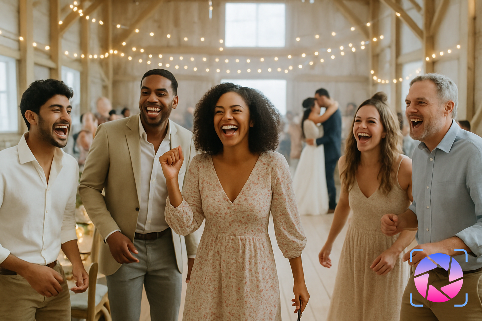 Guests smiling and dancing at an unplugged wedding reception while a couple embraces on the dance floor