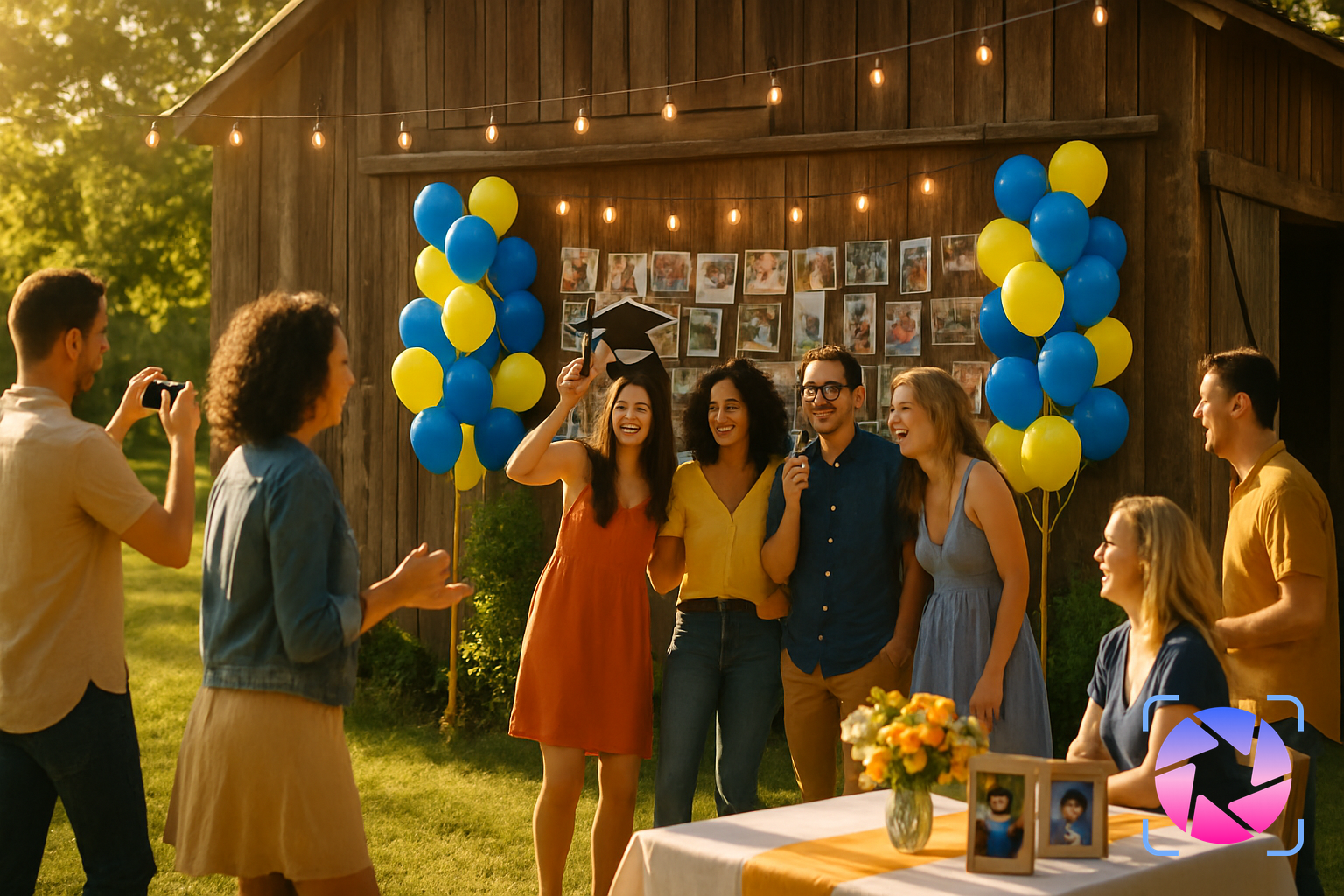 Guests taking photos at a backyard graduation party with a decorated photo wall and balloons in school colors