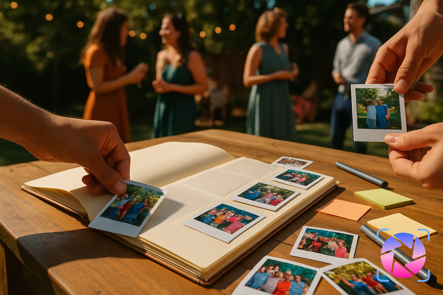 Guests adding Instax photos into a pocket-style guest book at a party sign-in table