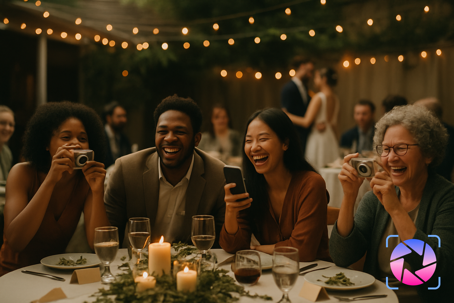 Wedding guests laughing and taking candid photos around a reception table with phones and small cameras