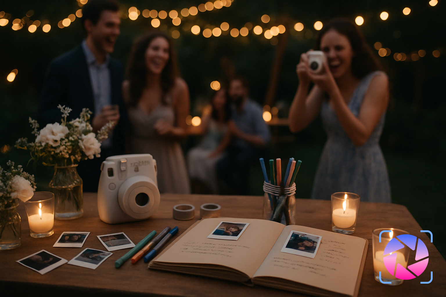 Wedding guests using an Instax camera to add photos to a guest book table at a reception