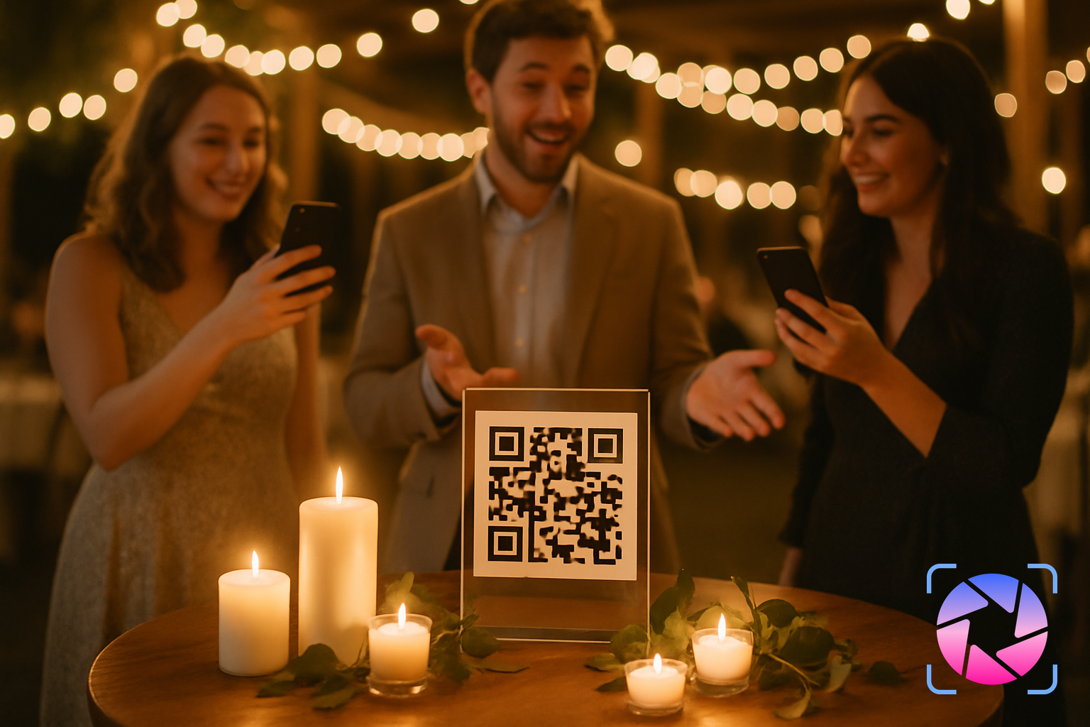 Wedding guests using their phones to scan a QR code sign and upload photos at a reception table