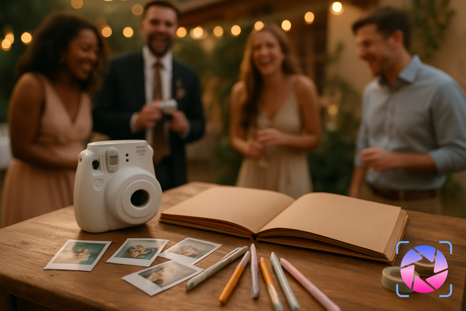 Wedding guests using a Fujifilm instant camera to add photos and messages to a guest book table.