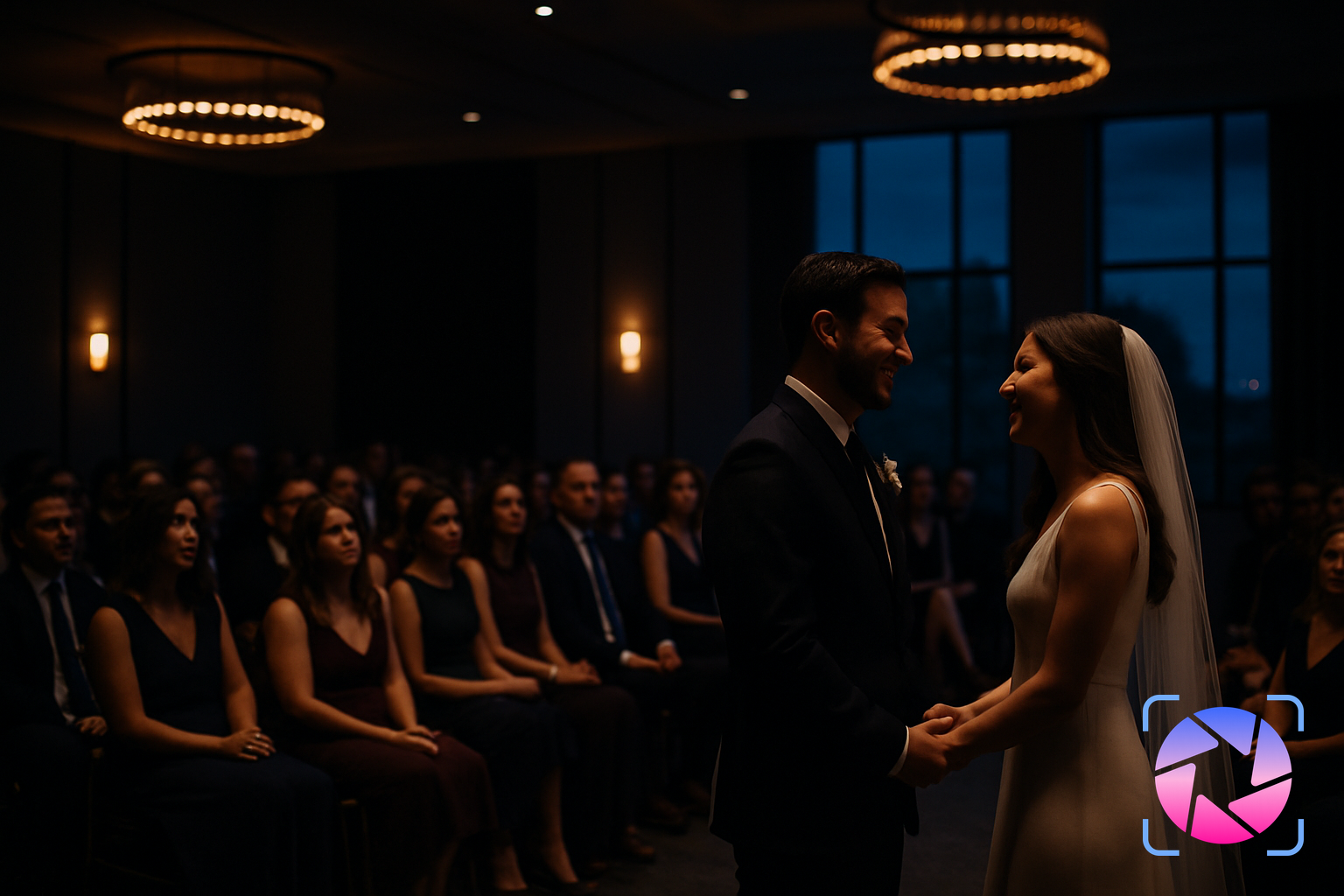 Wedding couple smiling at the altar while guests watch without phones, enjoying the ceremony fully present