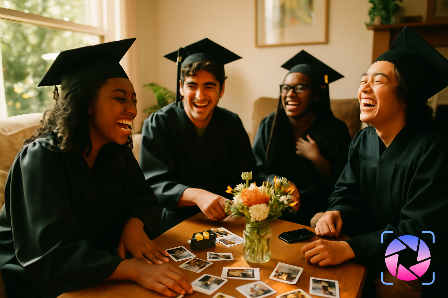 Graduation party guests taking photos together around a decorated table with caps, gowns, and confetti