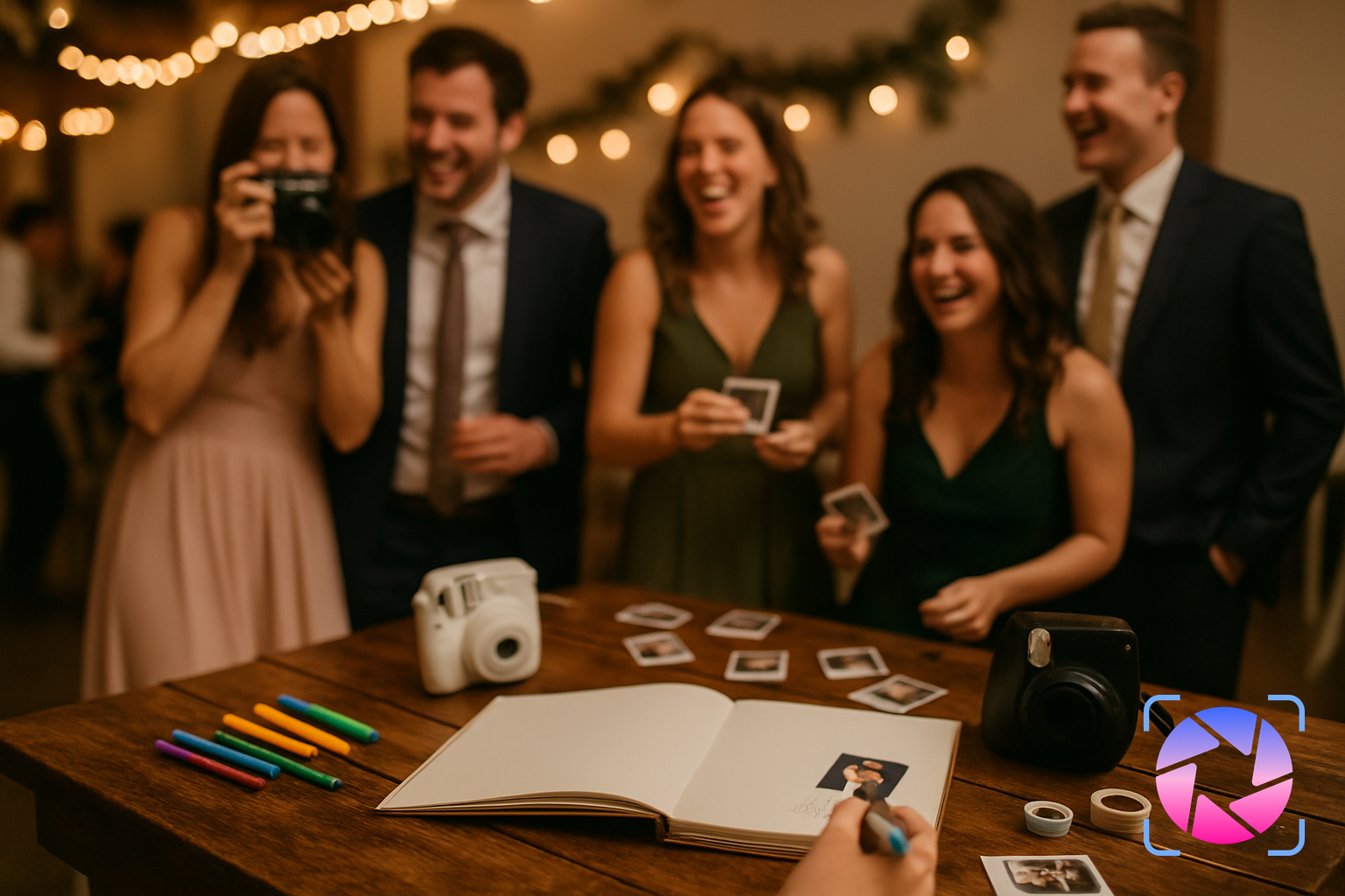 Wedding guests gathered around a table taking instant photos and adding them to a creative guest book display