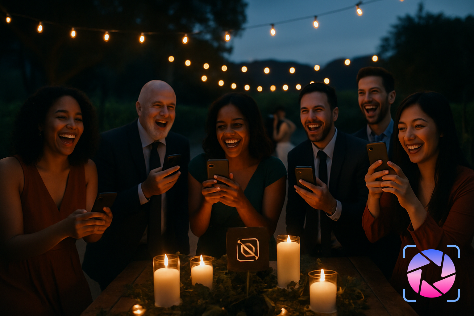 Wedding guests taking photos on their phones and uploading them at a reception table