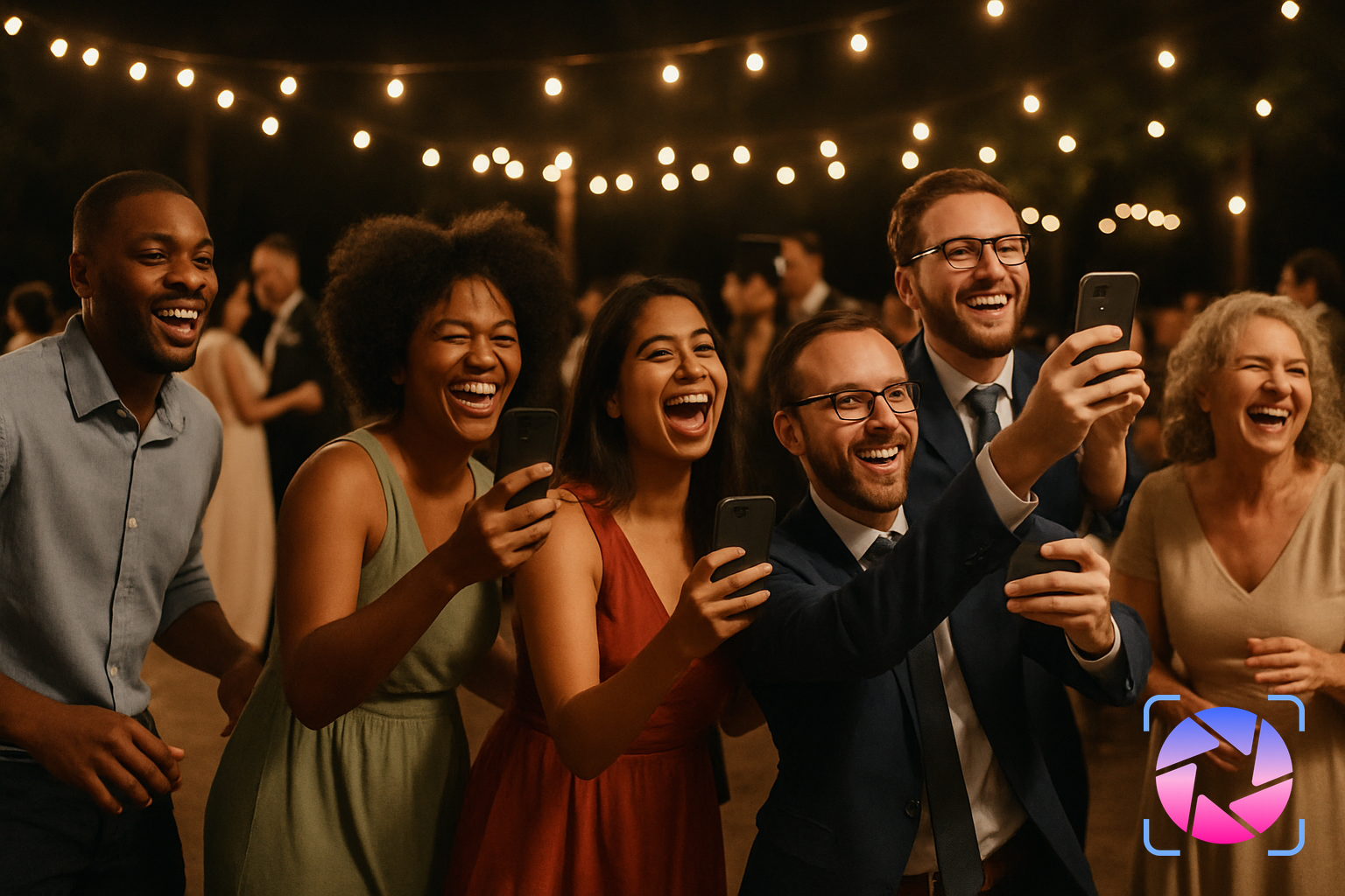 Guests at a wedding reception holding up phones and taking photos on the dance floor