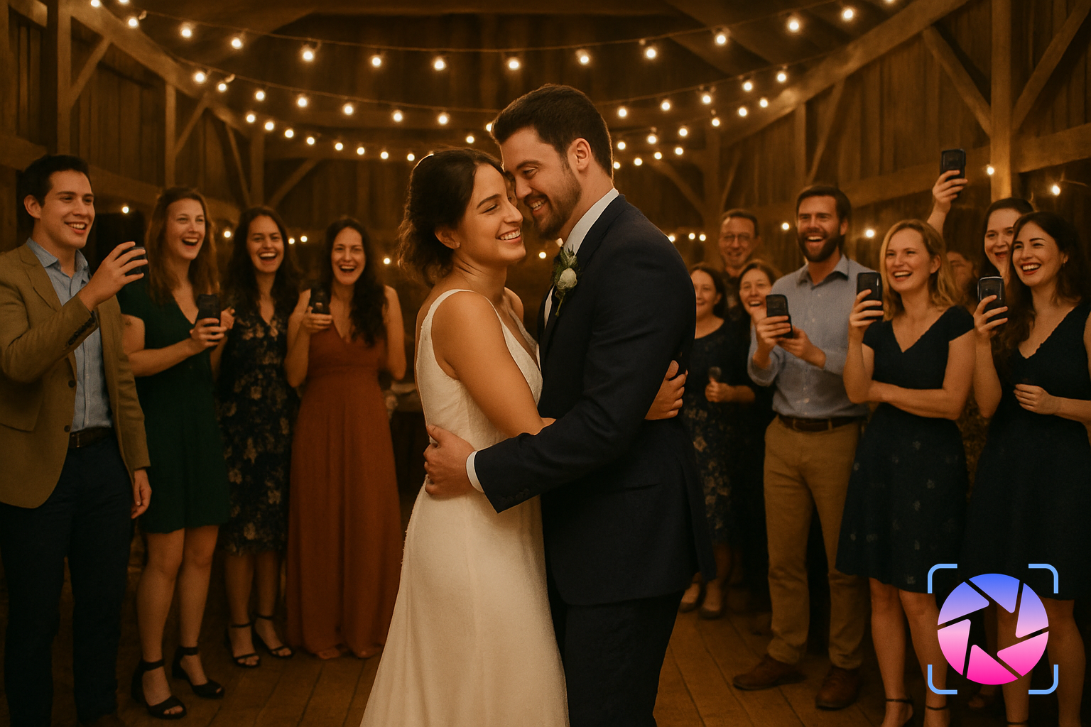 Wedding guests holding up phones and taking photos on a dance floor while a couple celebrates in the center