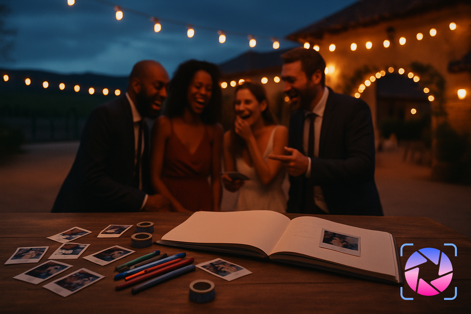 Guests at a wedding reception adding printed photos and handwritten notes to a guest book on a table