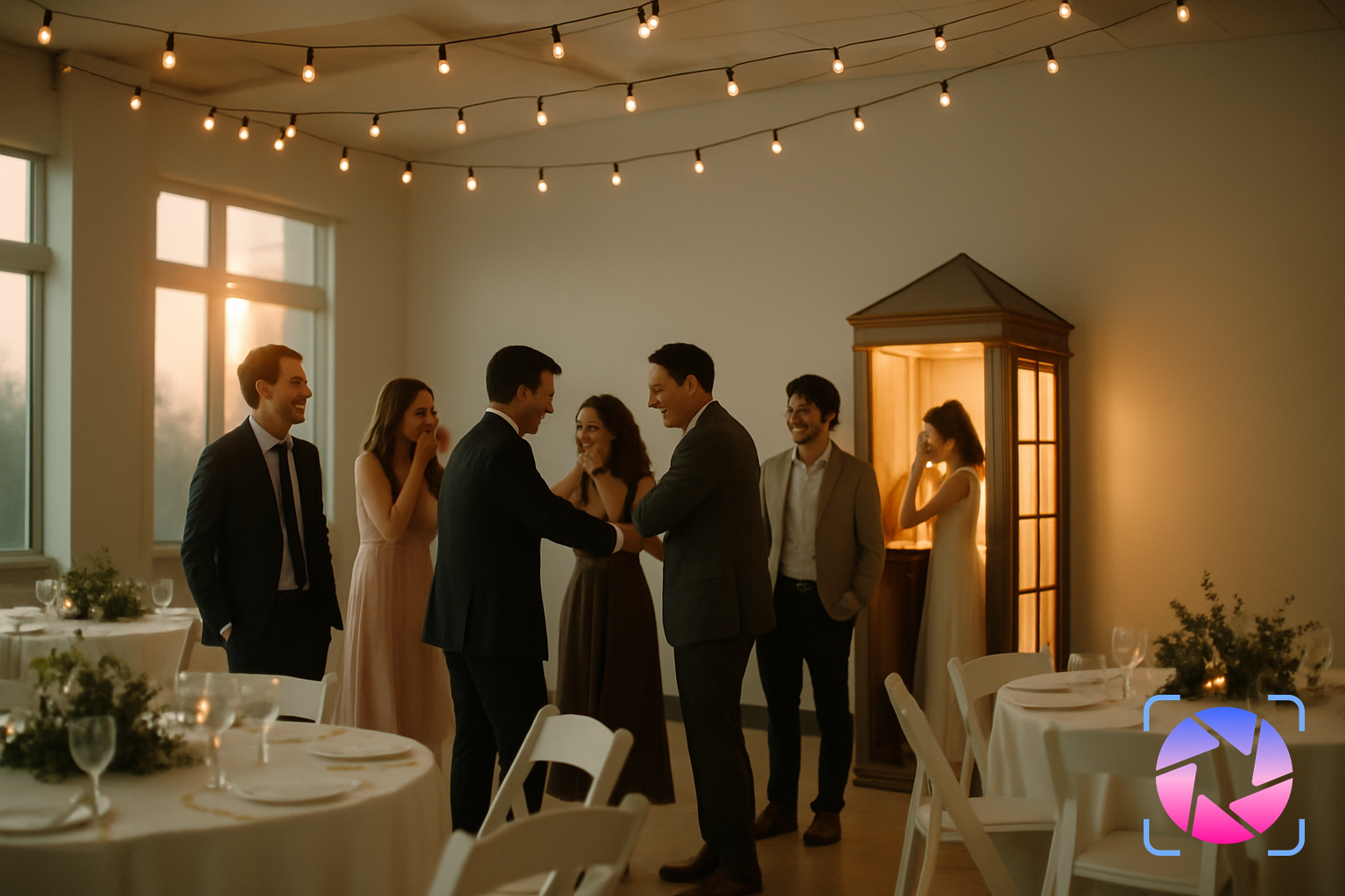 Wedding guests laughing as they take turns recording messages inside a vintage-style phone booth at a reception