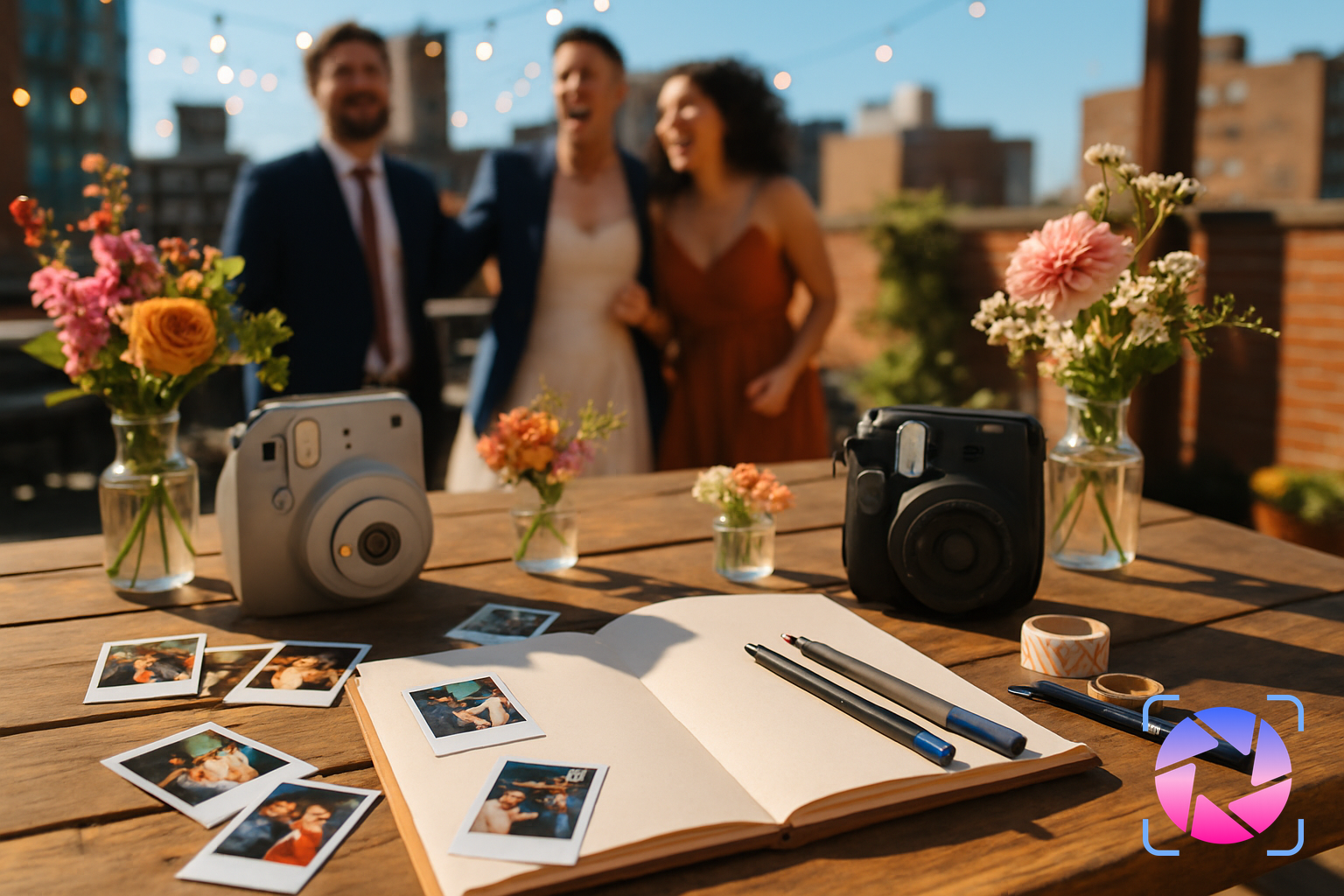 Wedding guests using Fujifilm Instax cameras to add photos to a guest book on a decorated table