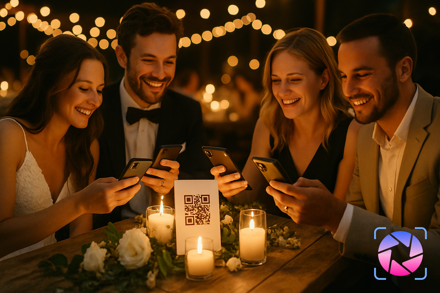 Wedding guests at a reception table scanning a QR code sign next to a small floral centerpiece