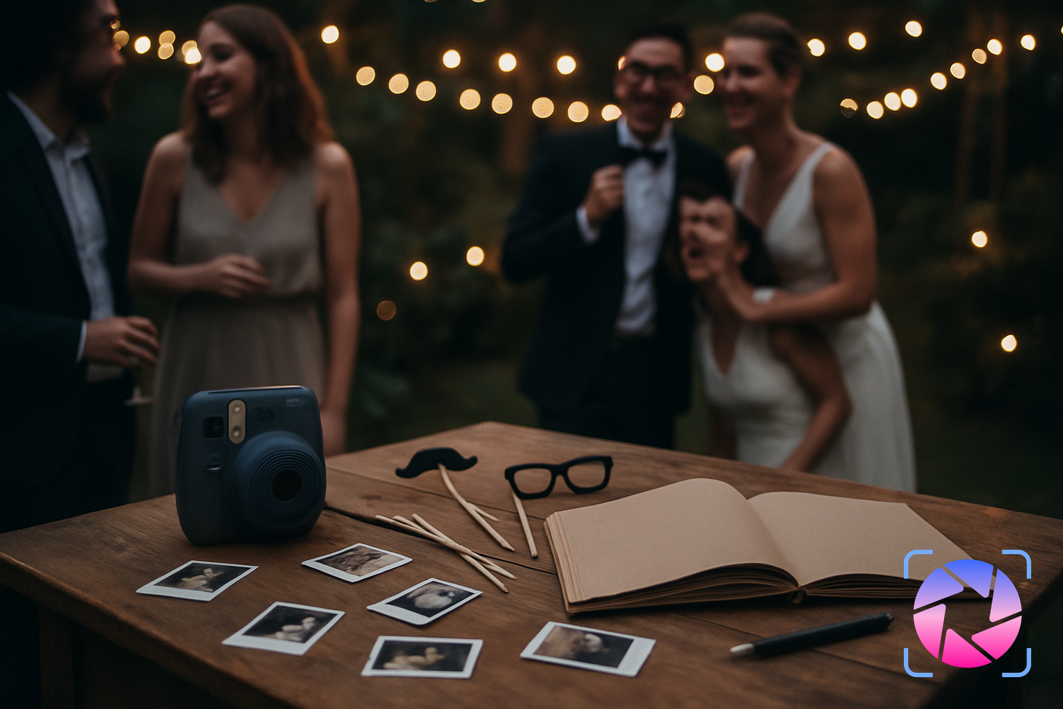 Wedding guests gathered around a Polaroid-style photo booth table, laughing and posing with instant prints and a guest book