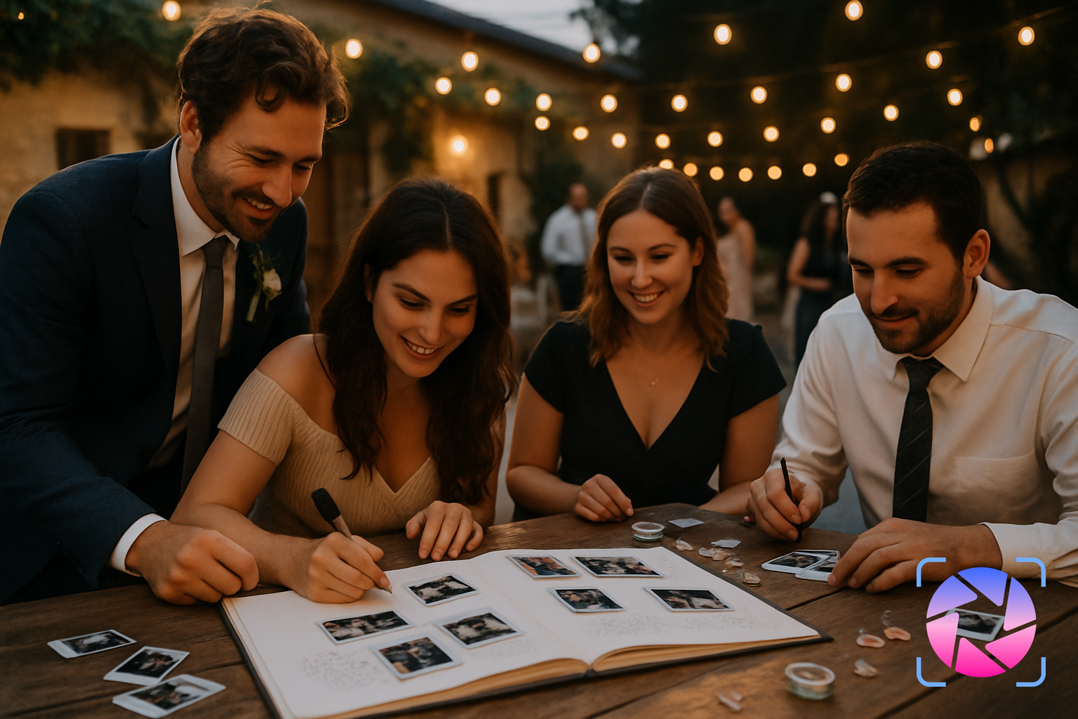 Guests gathered around a table signing a lay flat guest book with photos and messages at a wedding reception
