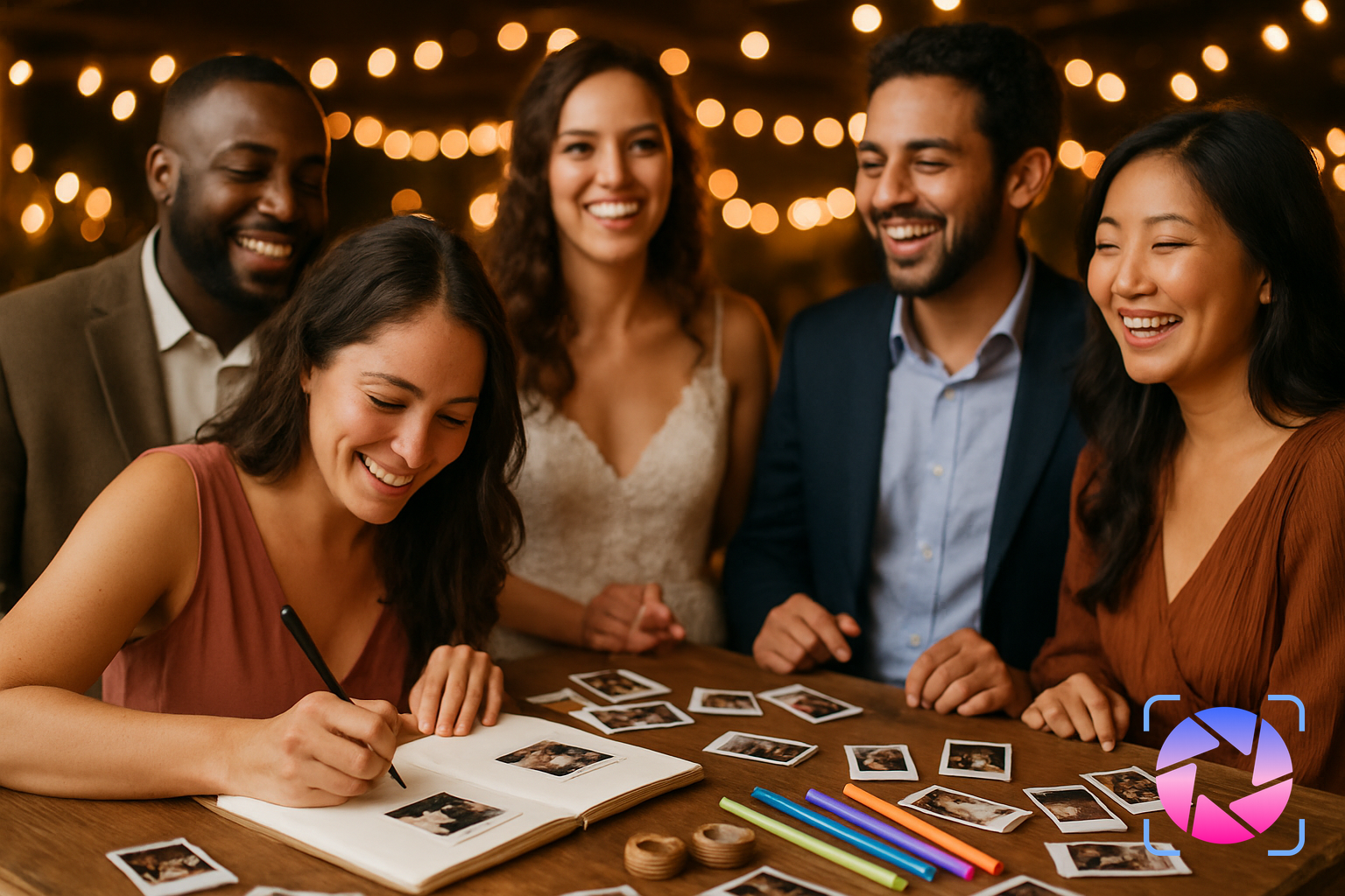 Wedding guests gathered around a table adding Polaroid photos and handwritten notes to a guest book
