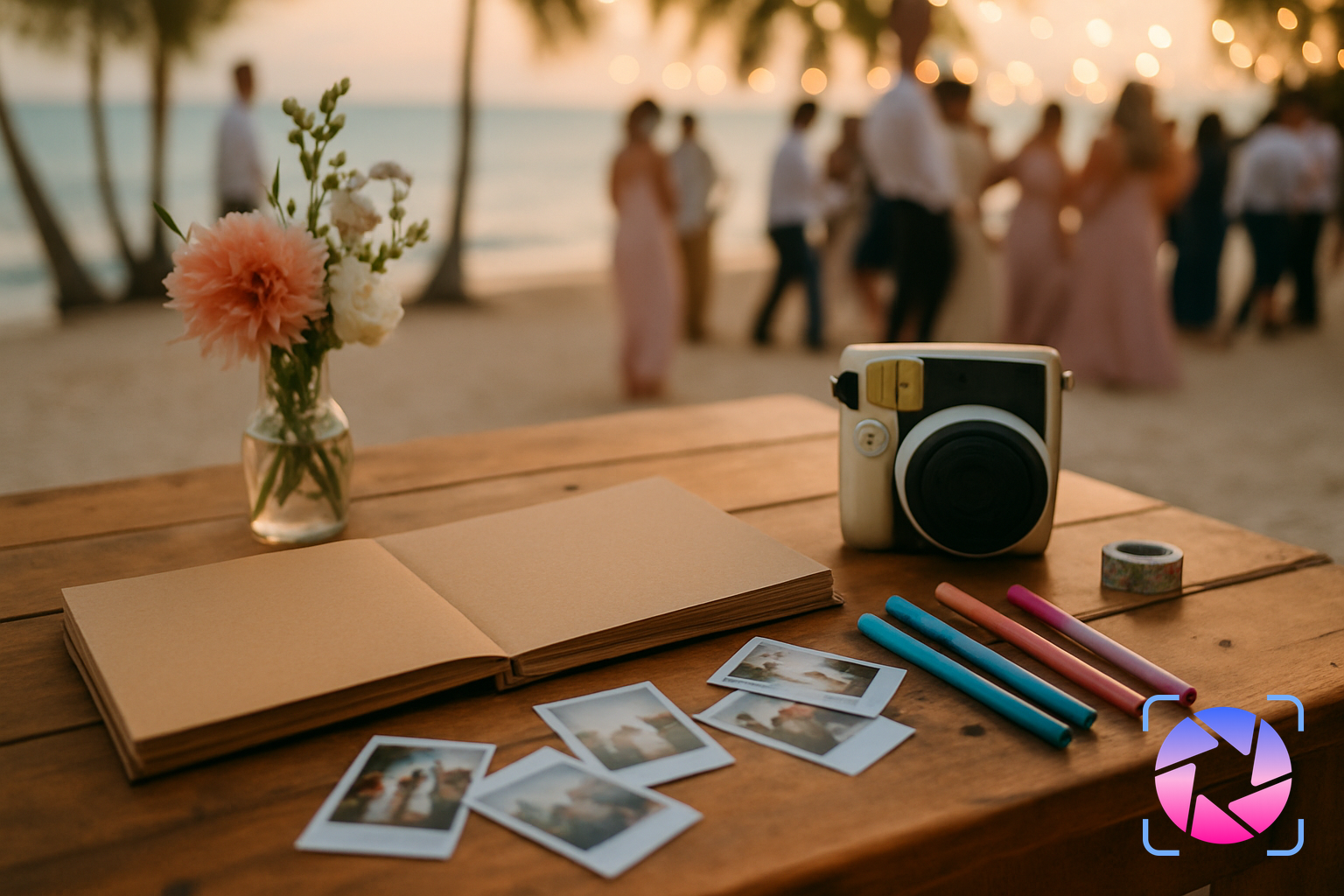 Wedding guests standing at a reception table creating a Polaroid wedding album guest book together