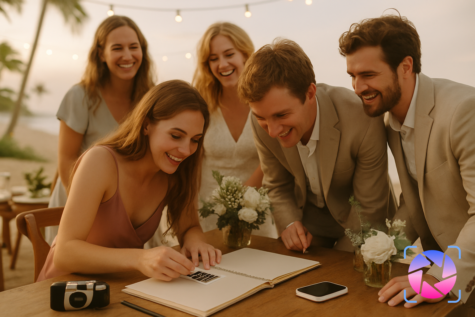 Wedding guests gathered around a table adding printed photos and handwritten notes to a creative guest book