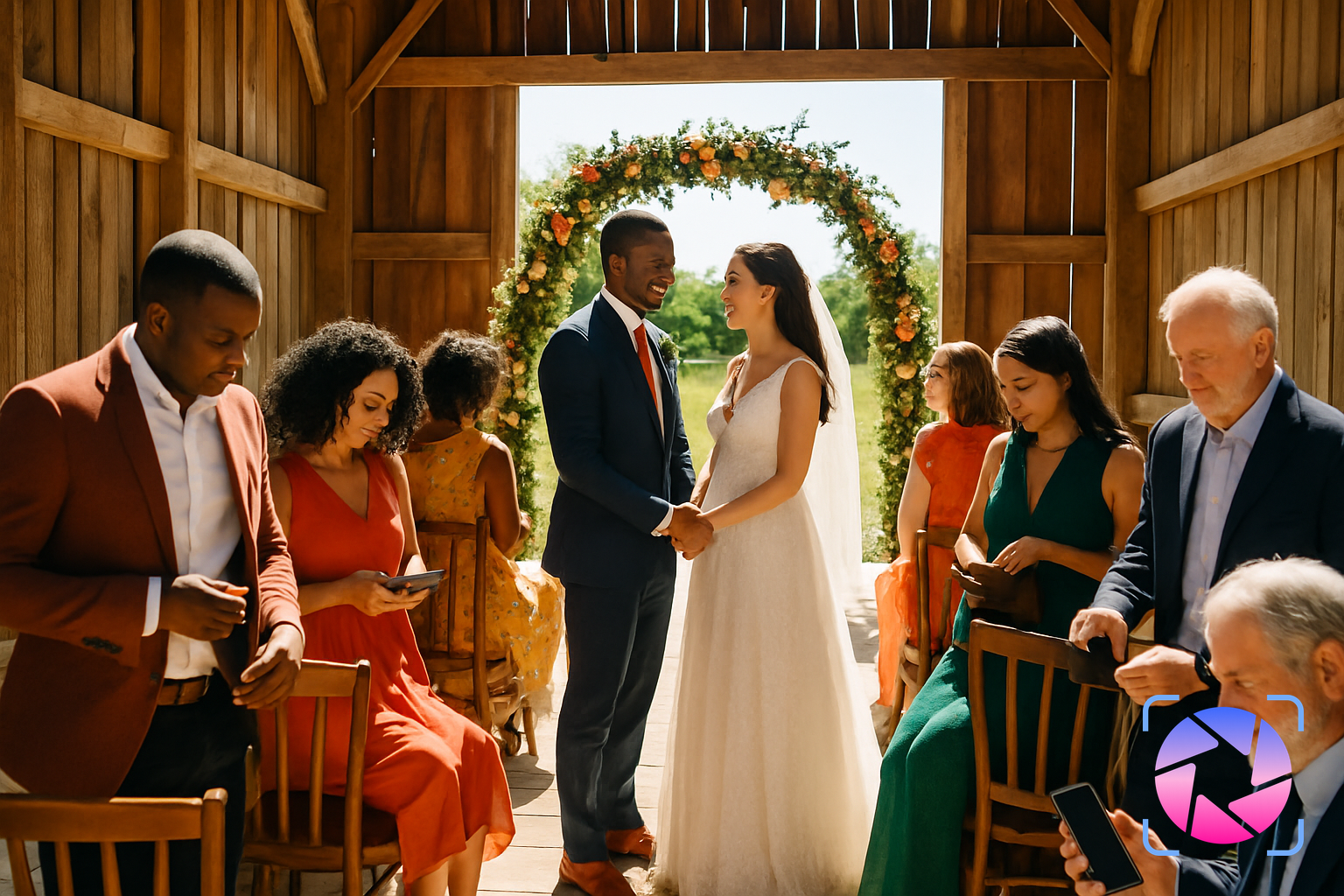 Wedding ceremony with guests putting away phones as a couple smiles at the altar outdoors