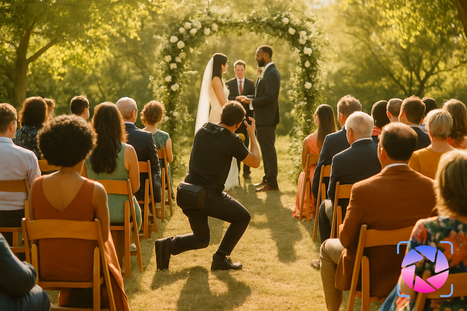Wedding guests seated outdoors as an officiant speaks, all phones put away while a photographer captures the ceremony