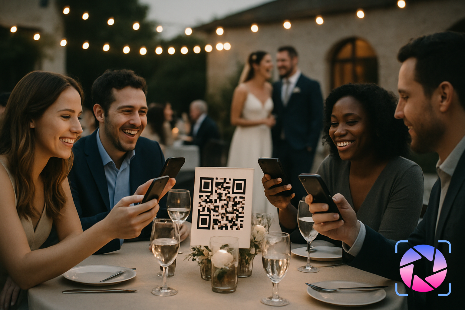 Wedding guests at a reception table scanning a QR code sign to upload photos from their phones