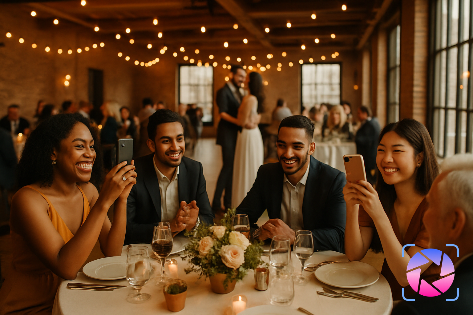 Wedding guests at a reception holding up their phones to snap photos while a couple dances in the background