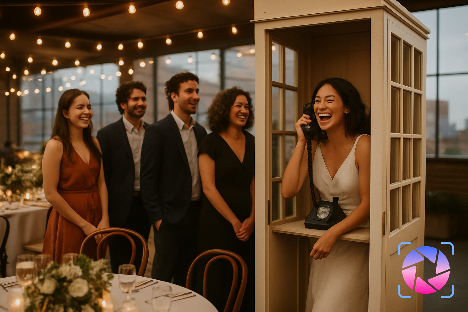 Wedding guests taking turns recording messages in a vintage-style phone booth at a reception