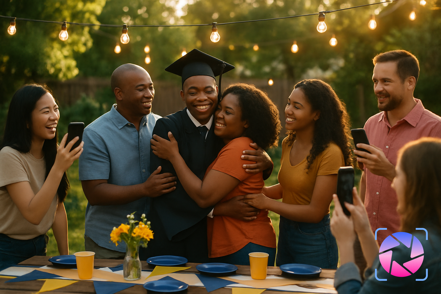 Graduation party guests taking candid group photos with their phones around a decorated backyard table