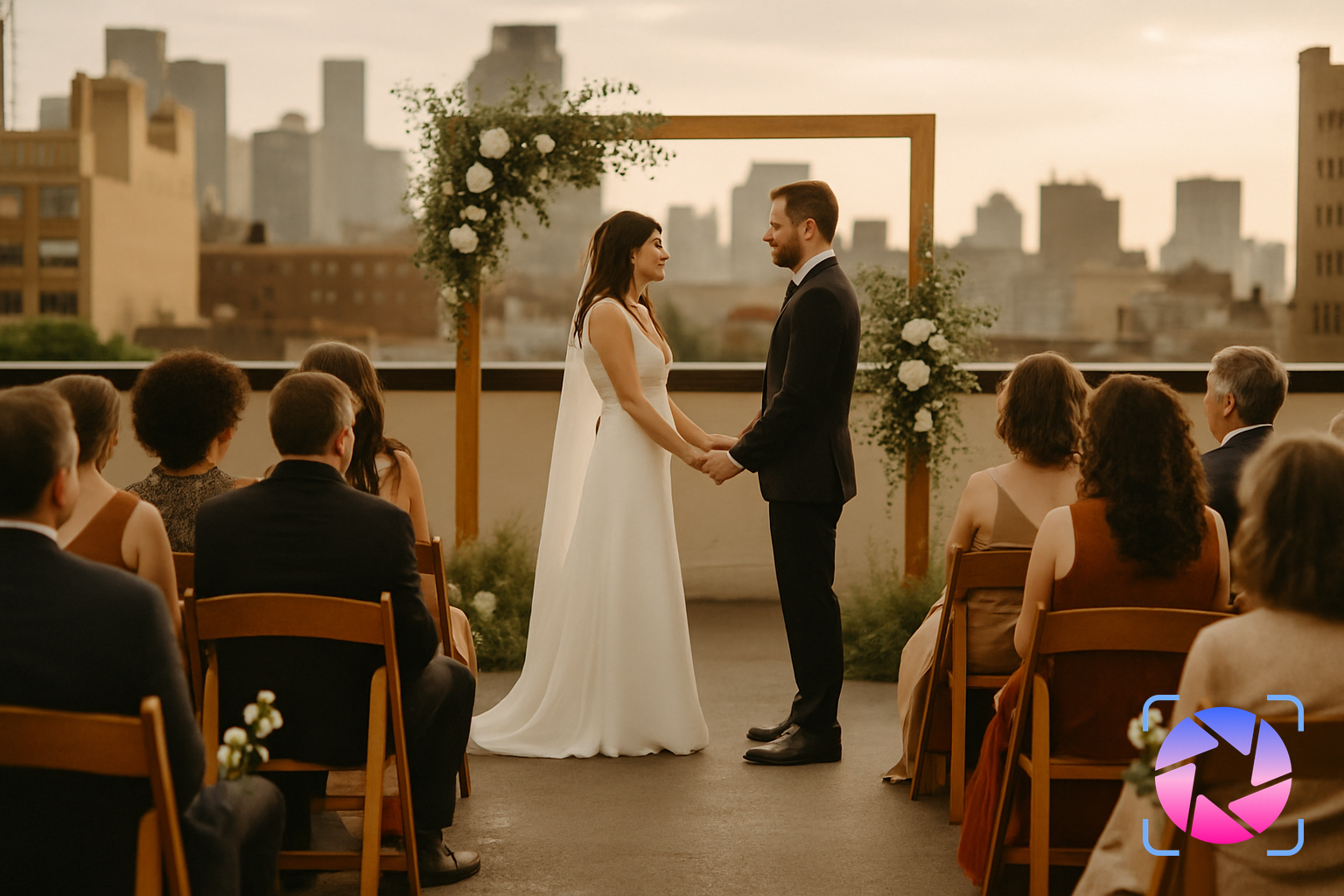 Wedding couple at the altar smiling as guests watch without phones, enjoying the unplugged ceremony
